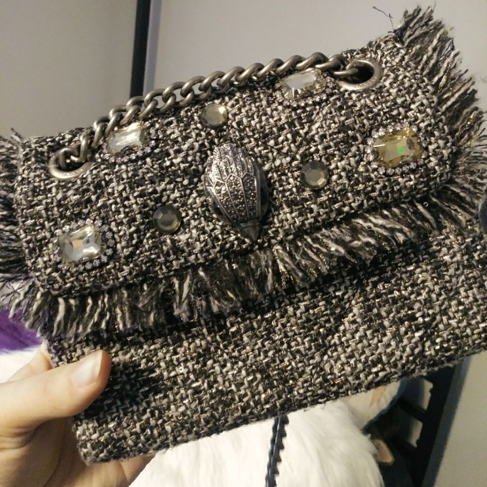 Kurt Geiger Tweed Mini Purse Gold Tinsel White Black Rhinestones Chain London